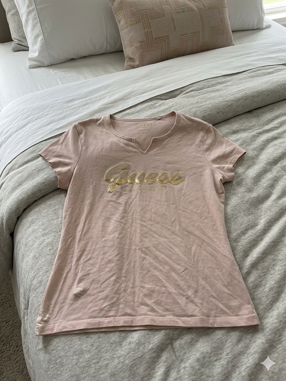 GUESS Blush Pink Short Sleeve Tee with Gold Script Logo
